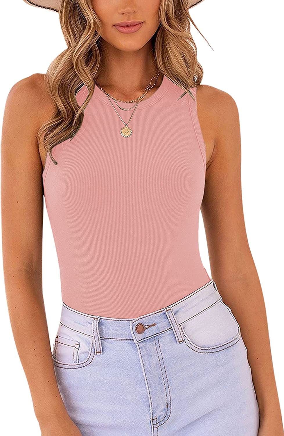 MISSJOY Women'S Basic Sleeveless Racer Back Halter Neck Ribbed Bodysuit Tank Tops Pink / X-Large