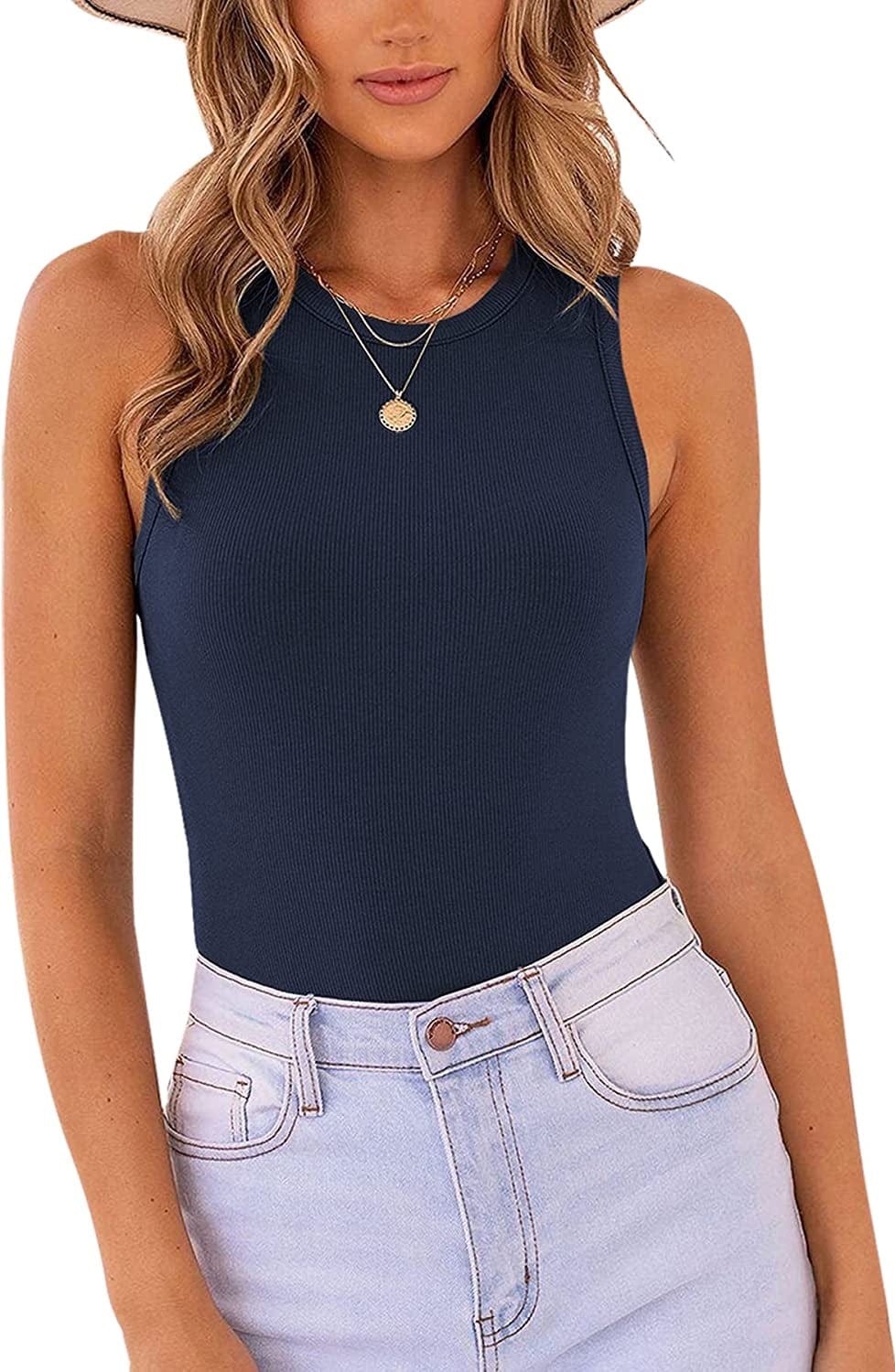MISSJOY Women'S Basic Sleeveless Racer Back Halter Neck Ribbed Bodysuit Tank Tops Dark-blue / Medium