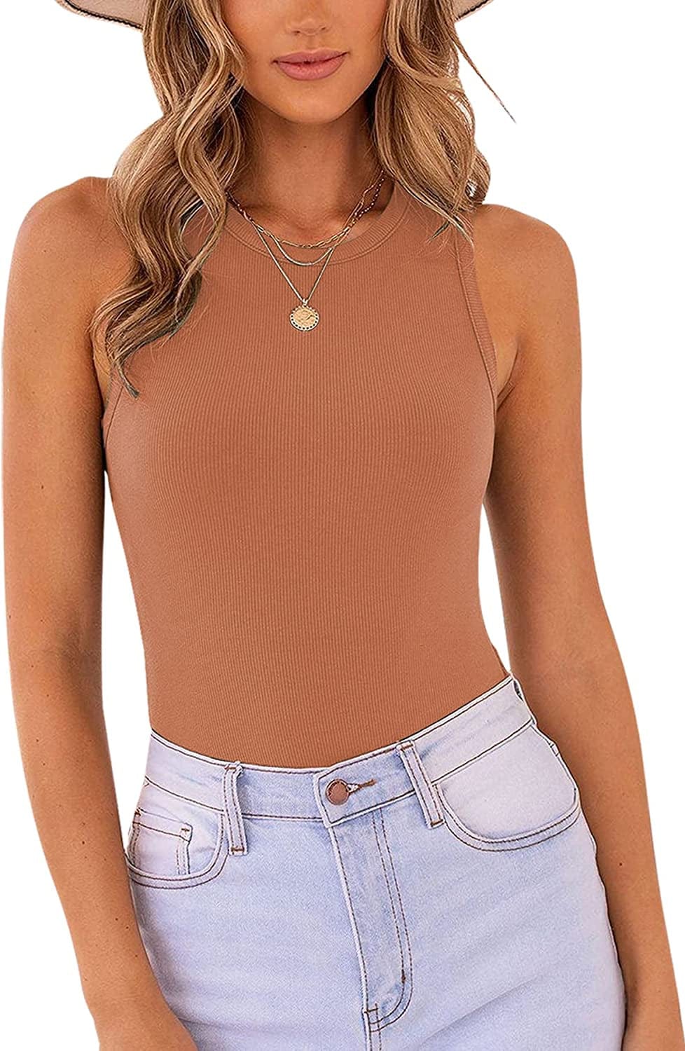 MISSJOY Women'S Basic Sleeveless Racer Back Halter Neck Ribbed Bodysuit Tank Tops Caramel / X-Large