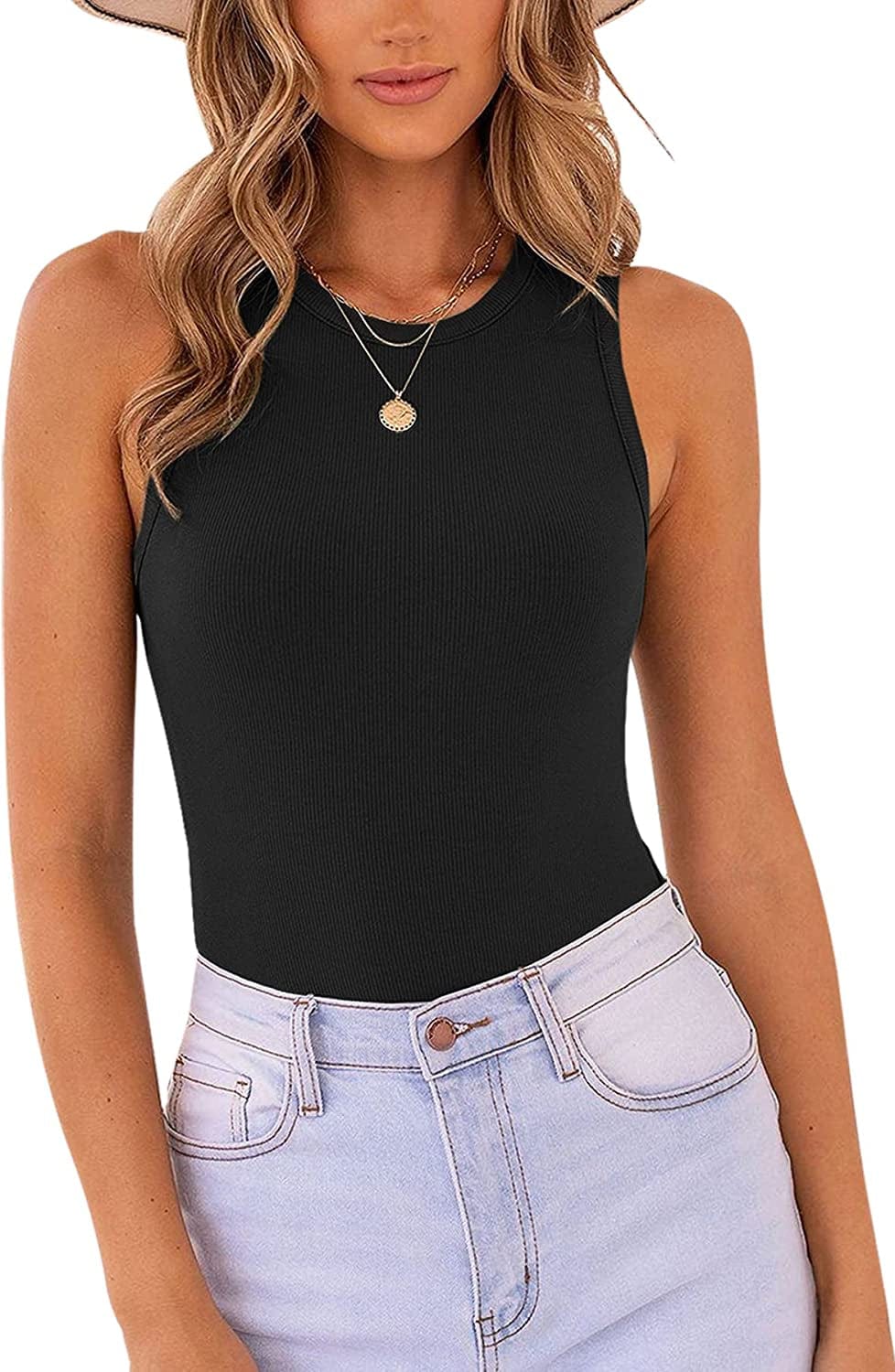 MISSJOY Women'S Basic Sleeveless Racer Back Halter Neck Ribbed Bodysuit Tank Tops 1-black / X-Large