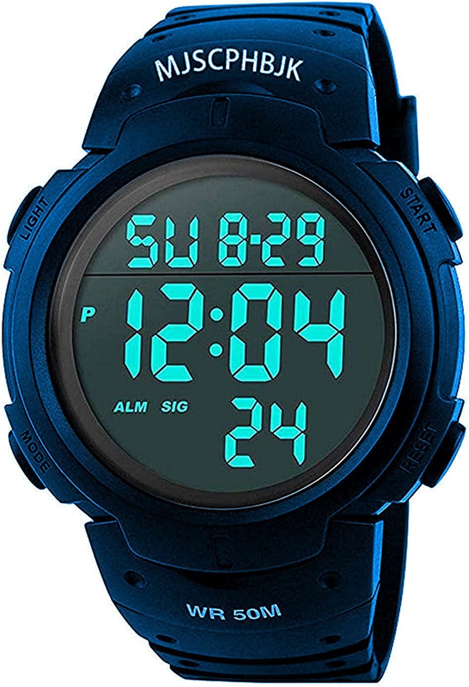 MJSCPHBJK Mens Digital Sports Watch, Waterproof LED Screen Large Face Military Watches and Heavy Duty Electronic Simple Army Watch with Alarm Blue