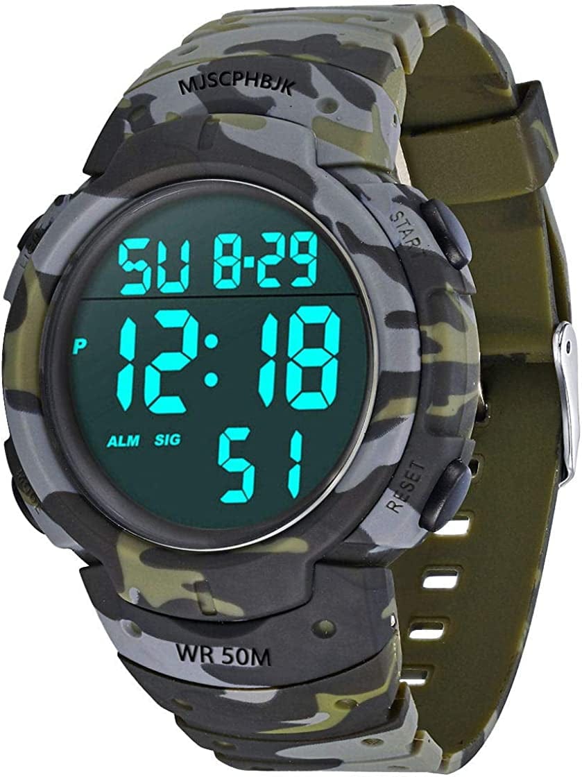 MJSCPHBJK Mens Digital Sports Watch, Waterproof LED Screen Large Face Military Watches and Heavy Duty Electronic Simple Army Watch with Alarm Camouflage Grey