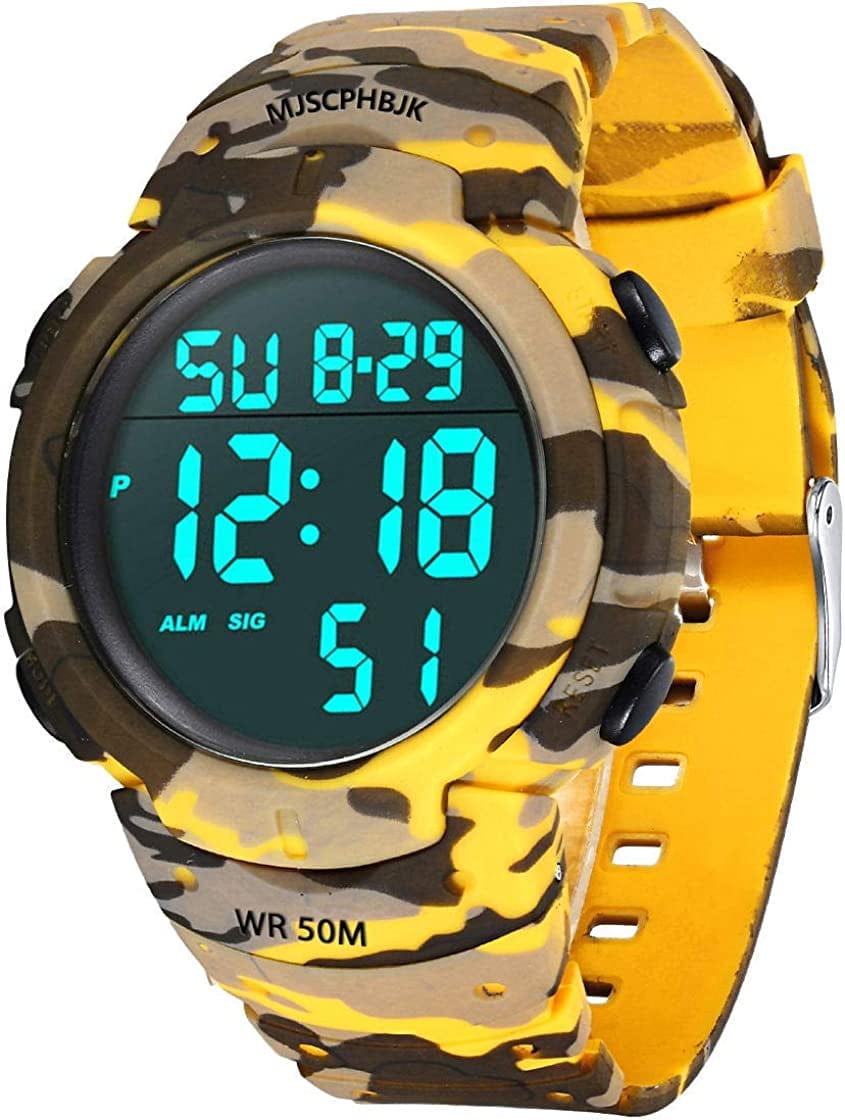 MJSCPHBJK Mens Digital Sports Watch, Waterproof LED Screen Large Face Military Watches and Heavy Duty Electronic Simple Army Watch with Alarm Camouflage Yellow
