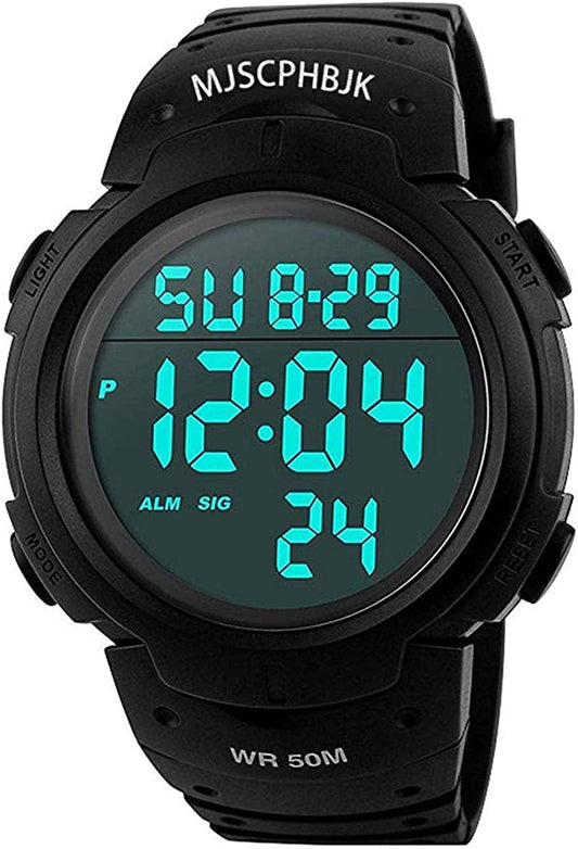 MJSCPHBJK Mens Digital Sports Watch, Waterproof LED Screen Large Face Military Watches and Heavy Duty Electronic Simple Army Watch with Alarm Black