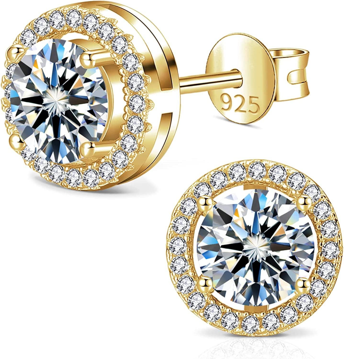 Moissanite Earrings for Women, Diamond Earring 925 Sterling Silver Studs White Gold Plated DF Color 2CT Jewelry Christmas Gift for Lady Wife Mother Girlfriend 2CT-Gold-Round