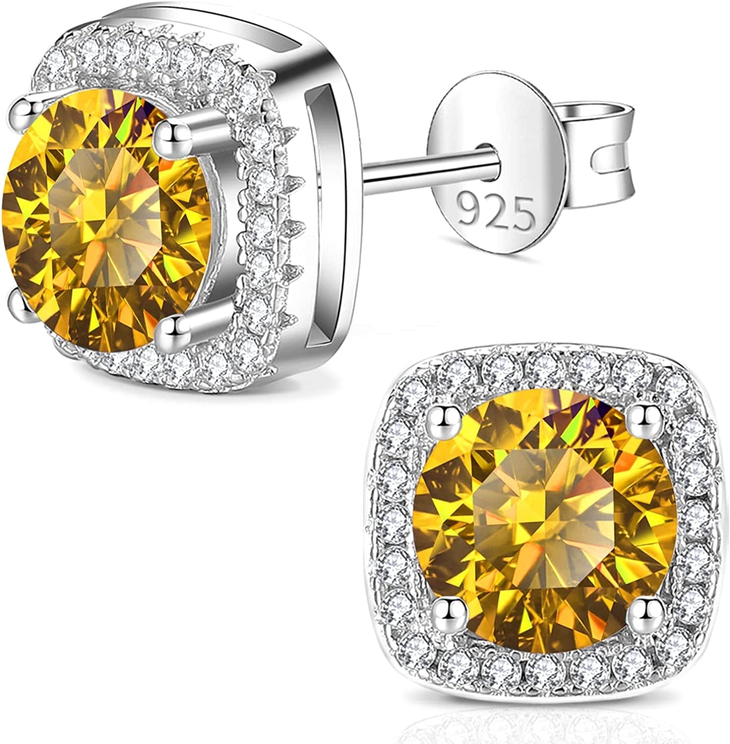 Moissanite Earrings for Women, Diamond Earring 925 Sterling Silver Studs White Gold Plated DF Color 2CT Jewelry Christmas Gift for Lady Wife Mother Girlfriend 2CT-Square-Yellow