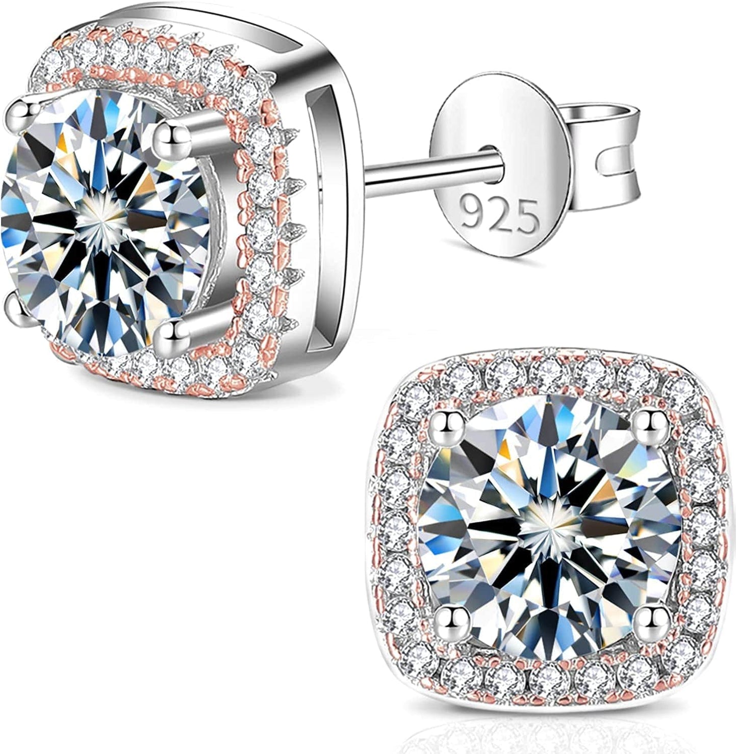 Moissanite Earrings for Women, Diamond Earring 925 Sterling Silver Studs White Gold Plated DF Color 2CT Jewelry Christmas Gift for Lady Wife Mother Girlfriend 2CT-Rose Gold-Square