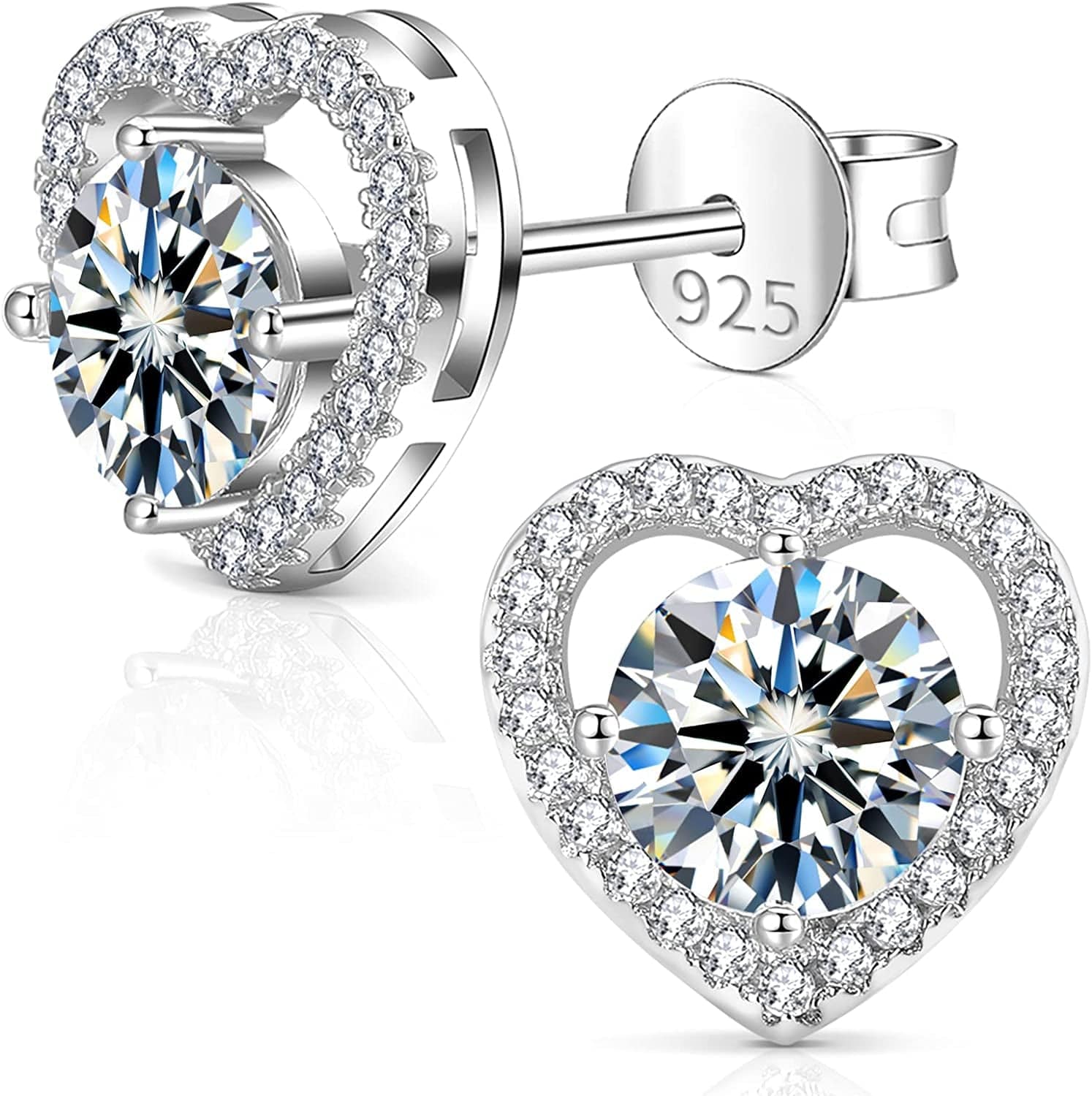 Moissanite Earrings for Women, Diamond Earring 925 Sterling Silver Studs White Gold Plated DF Color 2CT Jewelry Christmas Gift for Lady Wife Mother Girlfriend 2CT-Silver-Heart