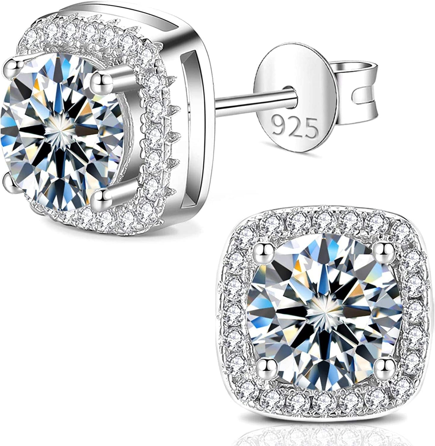 Moissanite Earrings for Women, Diamond Earring 925 Sterling Silver Studs White Gold Plated DF Color 2CT Jewelry Christmas Gift for Lady Wife Mother Girlfriend 2CT-Square-White