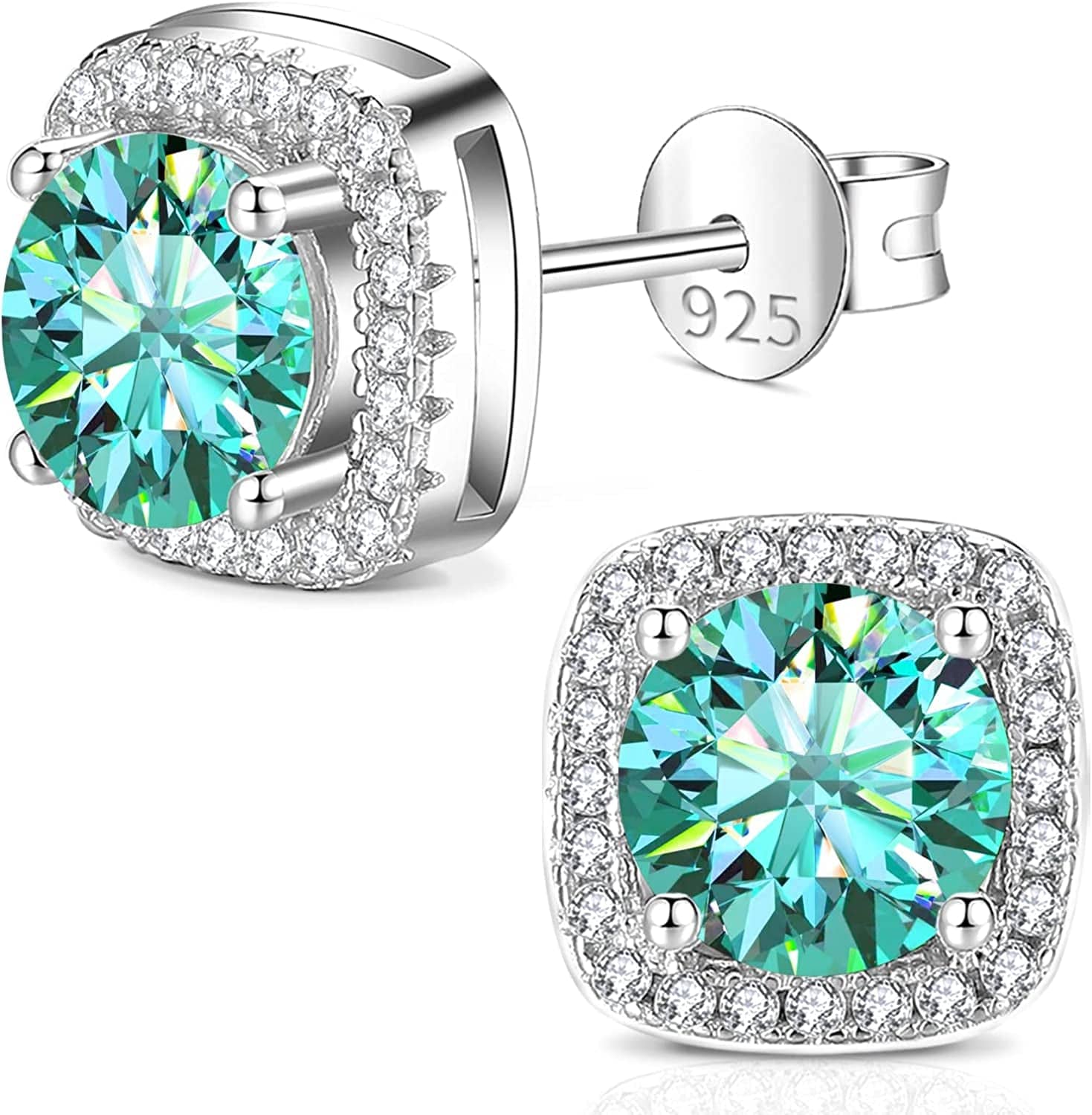 Moissanite Earrings for Women, Diamond Earring 925 Sterling Silver Studs White Gold Plated DF Color 2CT Jewelry Christmas Gift for Lady Wife Mother Girlfriend 2CT-Square-Green