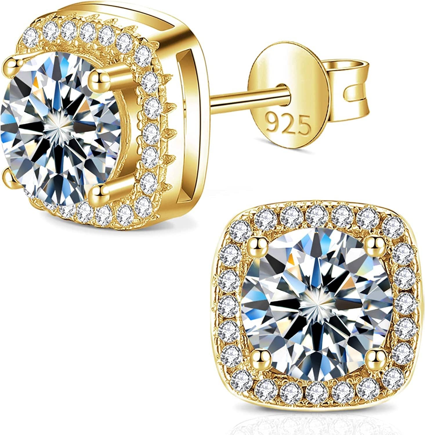 Moissanite Earrings for Women, Diamond Earring 925 Sterling Silver Studs White Gold Plated DF Color 2CT Jewelry Christmas Gift for Lady Wife Mother Girlfriend 2CT-Gold-Square