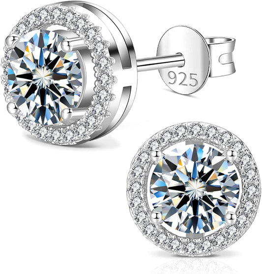 Moissanite Earrings for Women, Diamond Earring 925 Sterling Silver Studs White Gold Plated DF Color 2CT Jewelry Christmas Gift for Lady Wife Mother Girlfriend 2CT-Silver-Round
