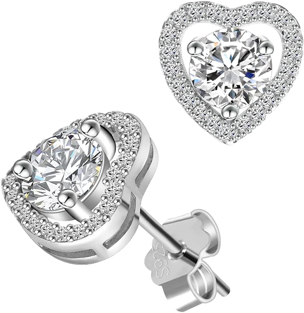 Moissanite Stud Earrings 1Ct DF Color Lab Created Diamond Cut Earrings 18K White Gold Plated VVS1 for Women Men Hypoallergenic Heart / 1 ct