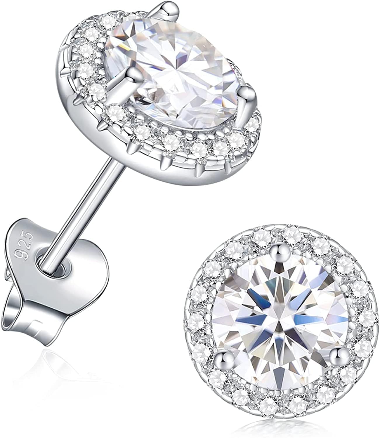 Moissanite Stud Earrings D Color VVS1 Clarity round Cut Lab Created Diamond Earrings 925 Sterling Silver Earrings with 18K White Gold Plated Hypoallergenic Earrings for Women Men Halo Earrings-1.6CT