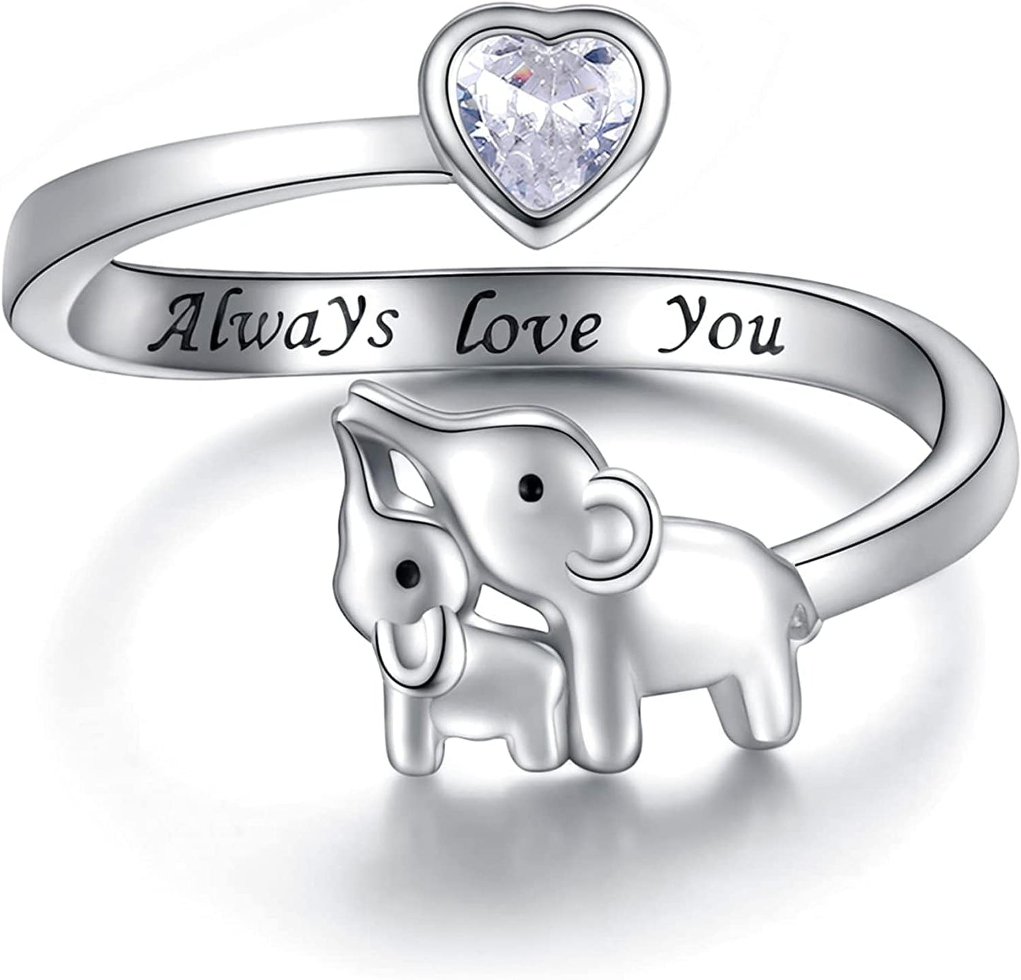 Mom Daughter Elephant Ring 925 Sterling Silver Adjustable Love Heart Finger Rings Pendant for Women Wife Mom Nana Daughter Jewelry Gift White CZ heart / Size 3-5