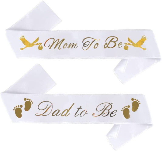 "Mom to Be" & "Dad to Be" Baby Shower Sash Bundle - with Cute Stork Image (White & Gold Lettering) Girl Boy Baby Shower Party Decorations, Gifts, Favors, Mommy Supplies Gender Reveal (White) Apparel & Accessories > Clothing Accessories > Sashes Brosash White