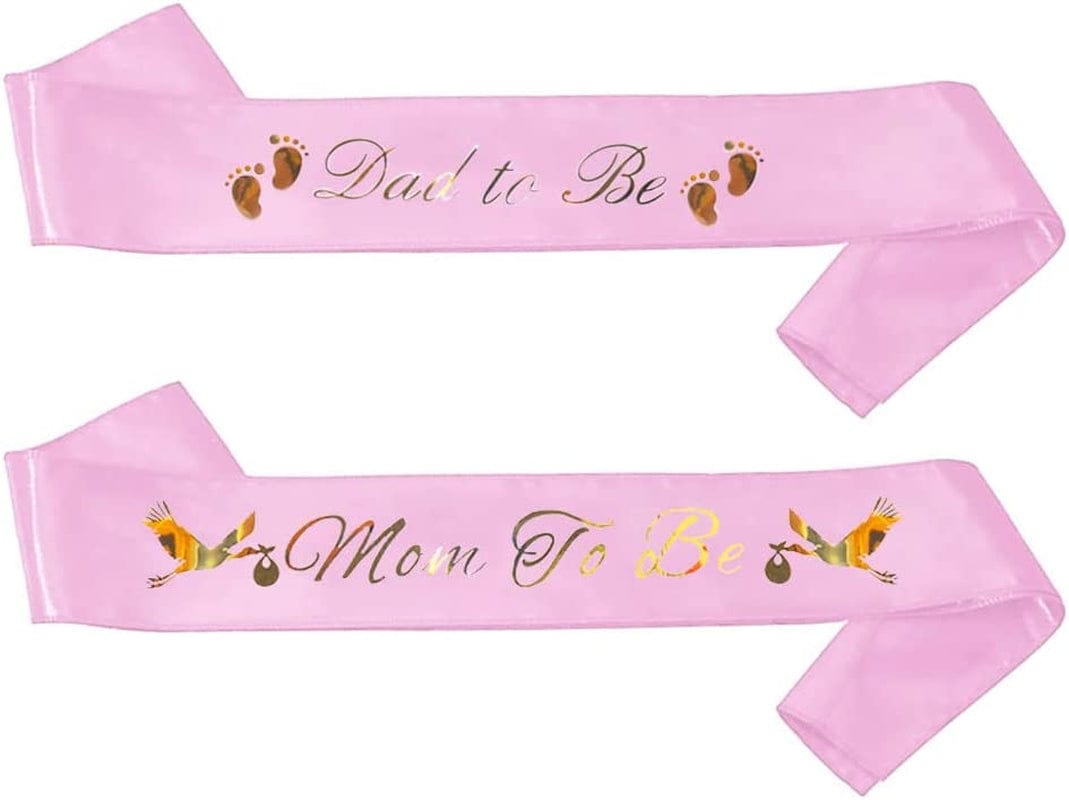 "Mom to Be" & "Dad to Be" Baby Shower Sash Bundle - with Cute Stork Image (White & Gold Lettering) Girl Boy Baby Shower Party Decorations, Gifts, Favors, Mommy Supplies Gender Reveal (White) Apparel & Accessories > Clothing Accessories > Sashes Brosash Pink