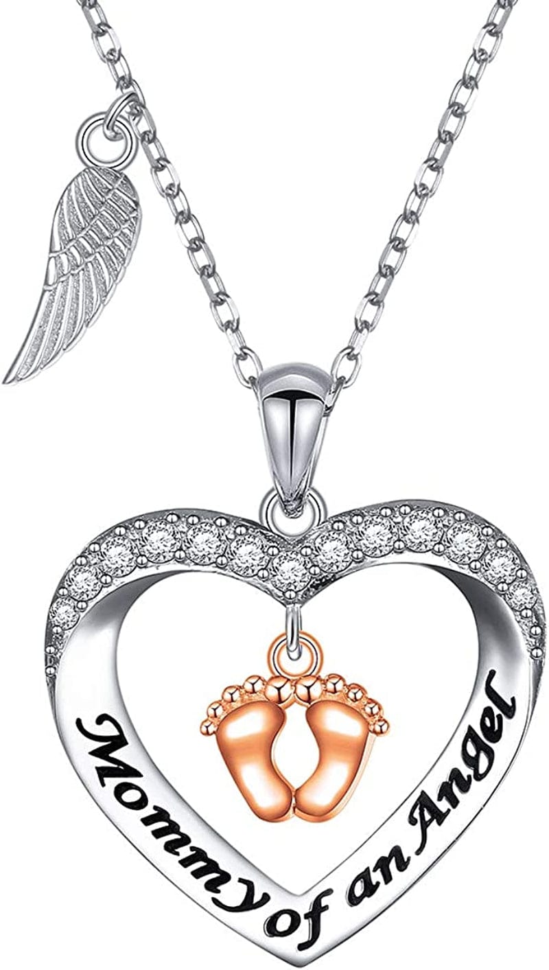 Mommy of an Angel Necklace Baby Angel Necklace Infant Child Foot Print Sterling Silver Memorial Jewelry Sympathy Gift for Women Mother Mom Heart Necklace - Rose Gold Tone