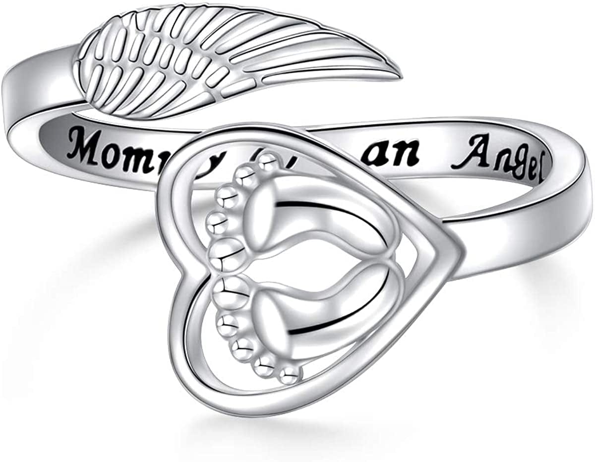 Mommy of an Angel Necklace Baby Angel Necklace Infant Child Foot Print Sterling Silver Memorial Jewelry Sympathy Gift for Women Mother Mom Ring Size 7#