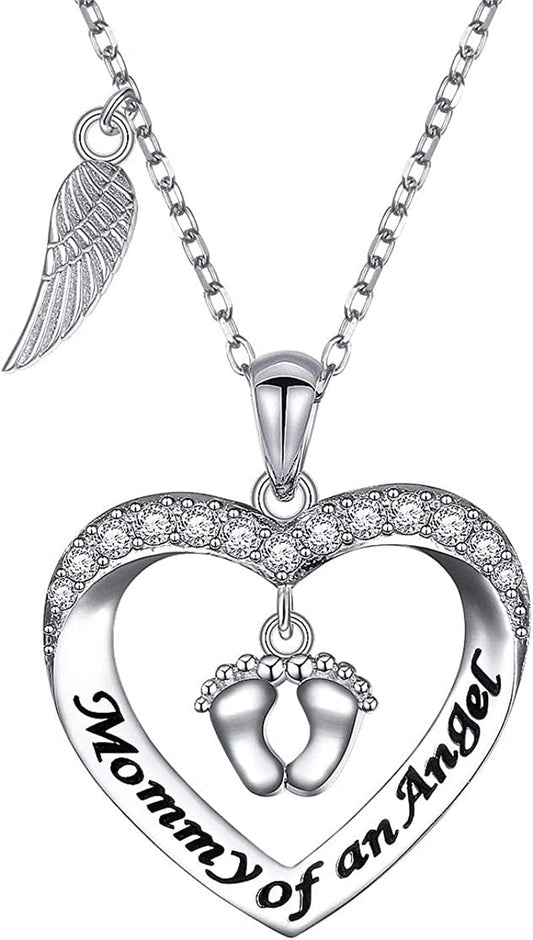 Mommy of an Angel Necklace Baby Angel Necklace Infant Child Foot Print Sterling Silver Memorial Jewelry Sympathy Gift for Women Mother Mom Heart Necklace - Silvery