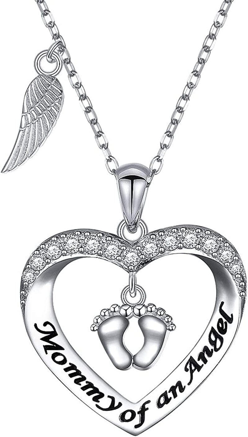 Mommy of an Angel Necklace Baby Angel Necklace Infant Child Foot Print Sterling Silver Memorial Jewelry Sympathy Gift for Women Mother Mom Heart Necklace - Silvery
