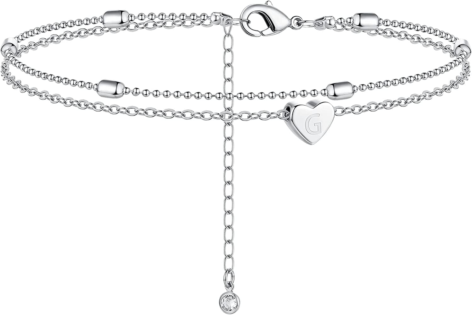 Moodear Silver Ankle Bracelets for Women, Sterling Silver Initial Anklet Layered Dainty Tiny Heart Charm Handmade Carved Alphabet A-Z Letter Ankle Bracelet Beaded Foot Chain Personalized Name Anklets Summer Cute Boho Beach Gift for Her Apparel & Accessories > Jewelry > Anklets Moodear Sterling Silver-G