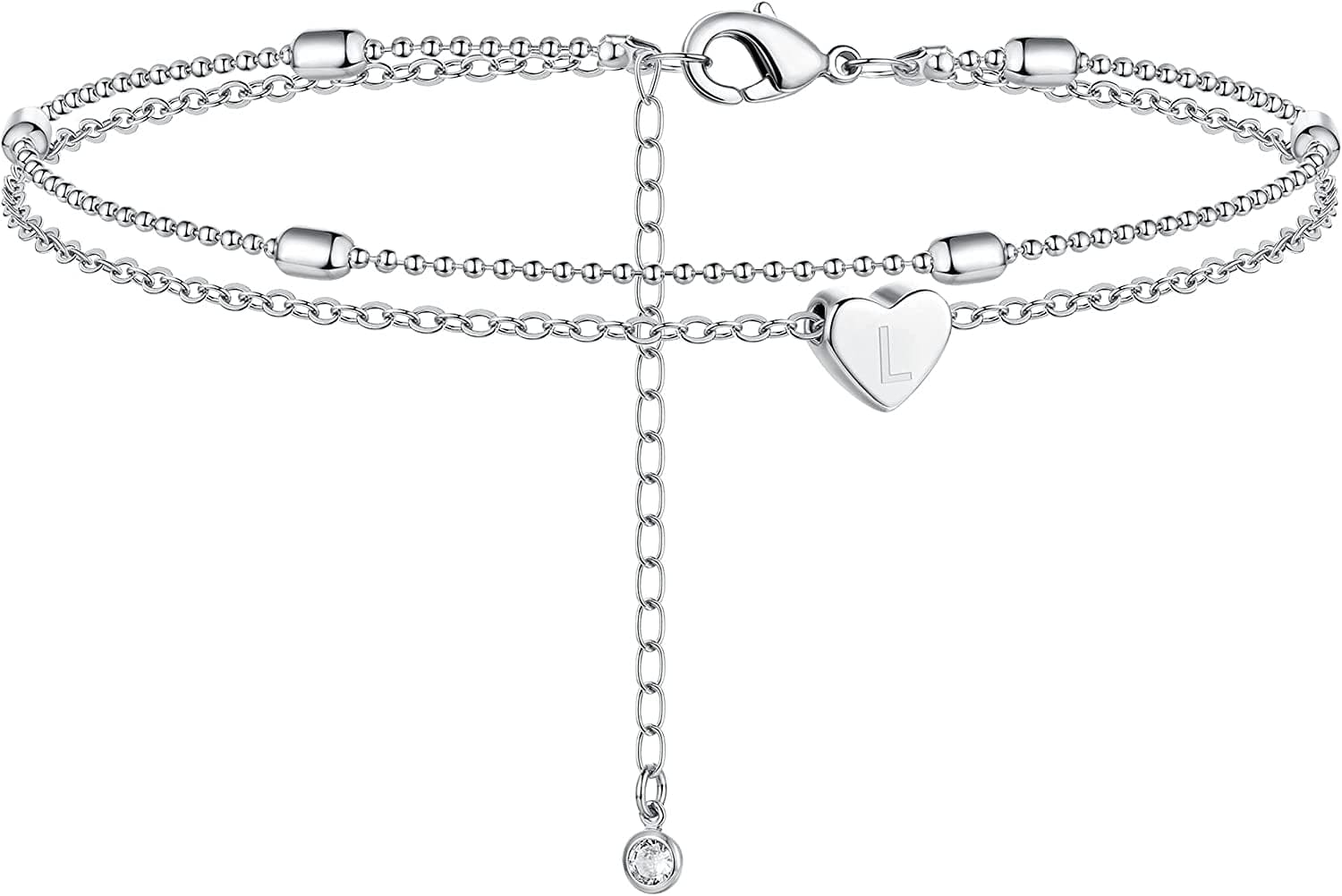 Moodear Silver Ankle Bracelets for Women, Sterling Silver Initial Anklet Layered Dainty Tiny Heart Charm Handmade Carved Alphabet A-Z Letter Ankle Bracelet Beaded Foot Chain Personalized Name Anklets Summer Cute Boho Beach Gift for Her Apparel & Accessories > Jewelry > Anklets Moodear Sterling Silver-L