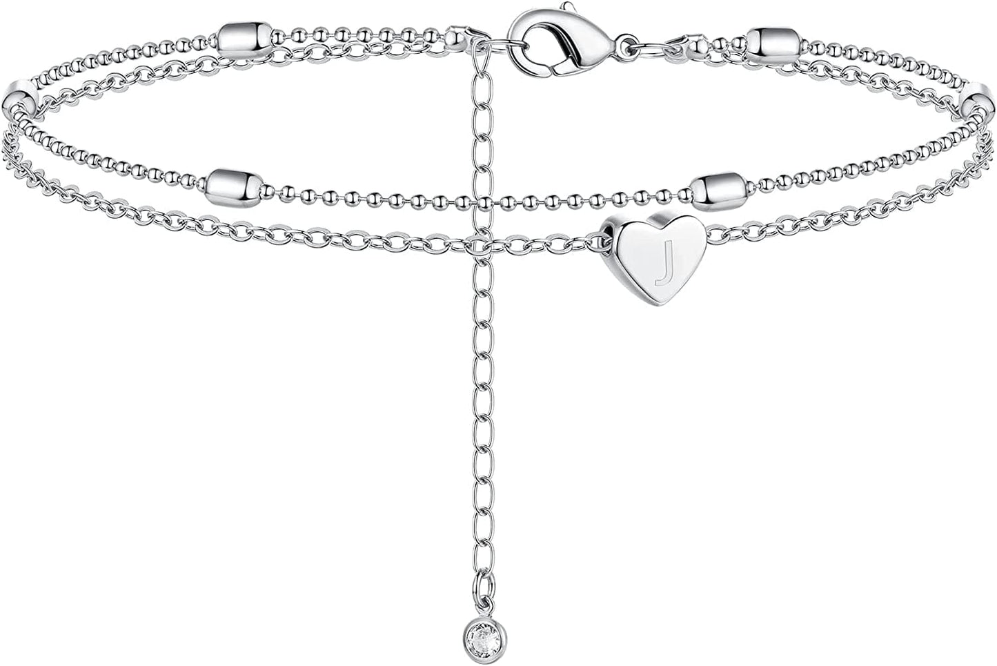 Moodear Silver Ankle Bracelets for Women, Sterling Silver Initial Anklet Layered Dainty Tiny Heart Charm Handmade Carved Alphabet A-Z Letter Ankle Bracelet Beaded Foot Chain Personalized Name Anklets Summer Cute Boho Beach Gift for Her Apparel & Accessories > Jewelry > Anklets Moodear Sterling Silver-J