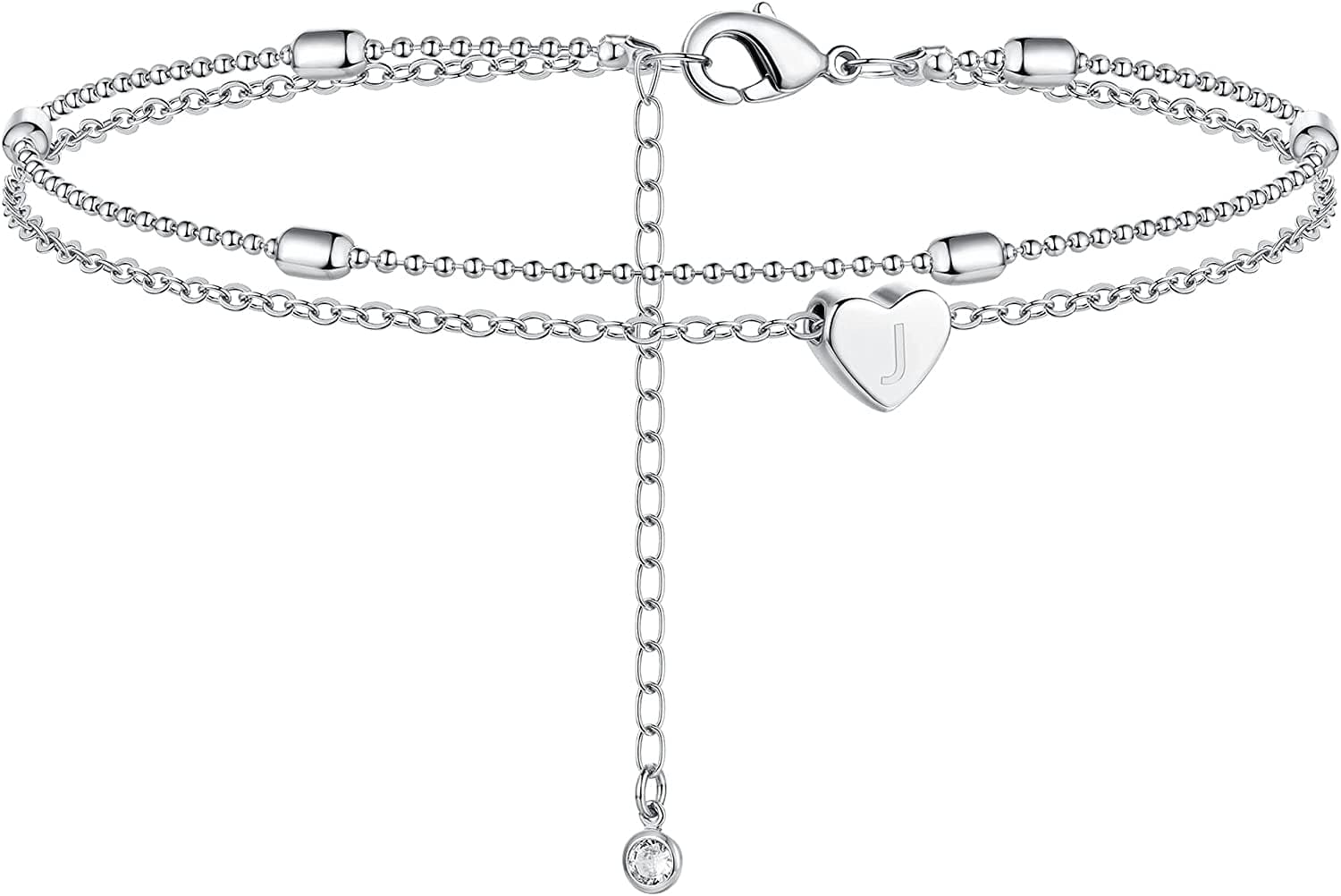 Moodear Silver Ankle Bracelets for Women, Sterling Silver Initial Anklet Layered Dainty Tiny Heart Charm Handmade Carved Alphabet A-Z Letter Ankle Bracelet Beaded Foot Chain Personalized Name Anklets Summer Cute Boho Beach Gift for Her Apparel & Accessories > Jewelry > Anklets Moodear Sterling Silver-J