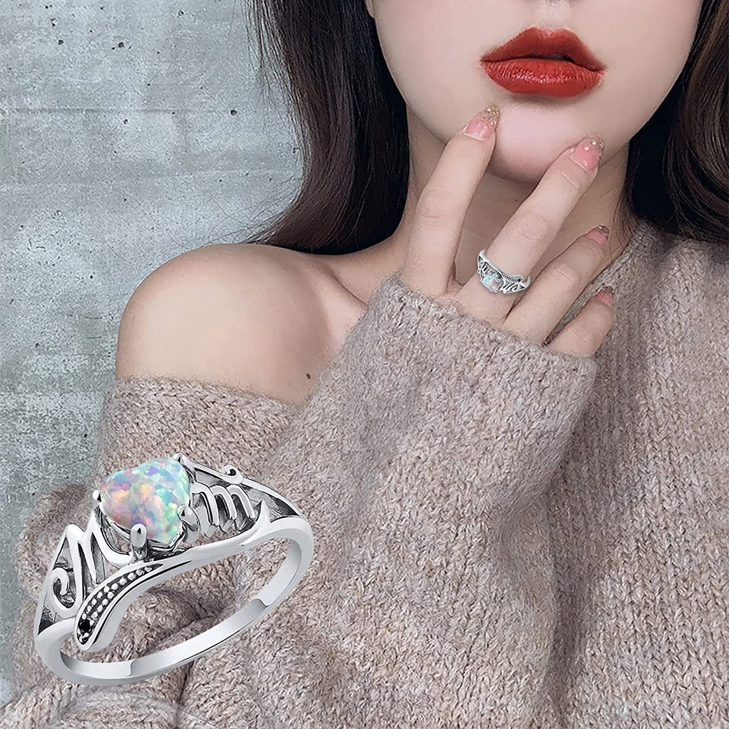 Mother Day Ring Opal Heart Letter Stainless Steel Diamond Band Statement Jewelry for Mom Grandmother, Stainless Steel,Rose Gold