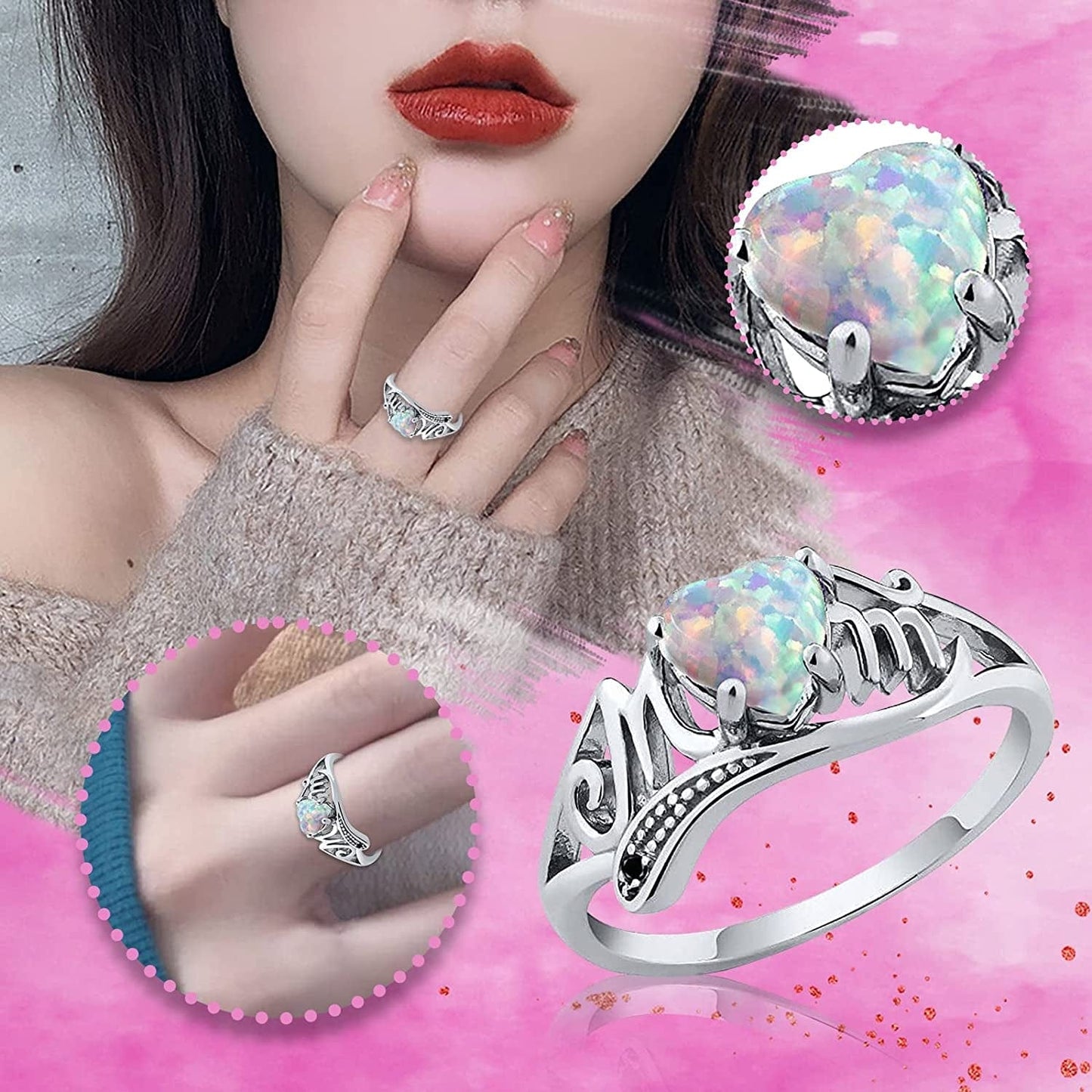 Mother Day Ring Opal Heart Letter Stainless Steel Diamond Band Statement Jewelry for Mom Grandmother, Stainless Steel,Rose Gold