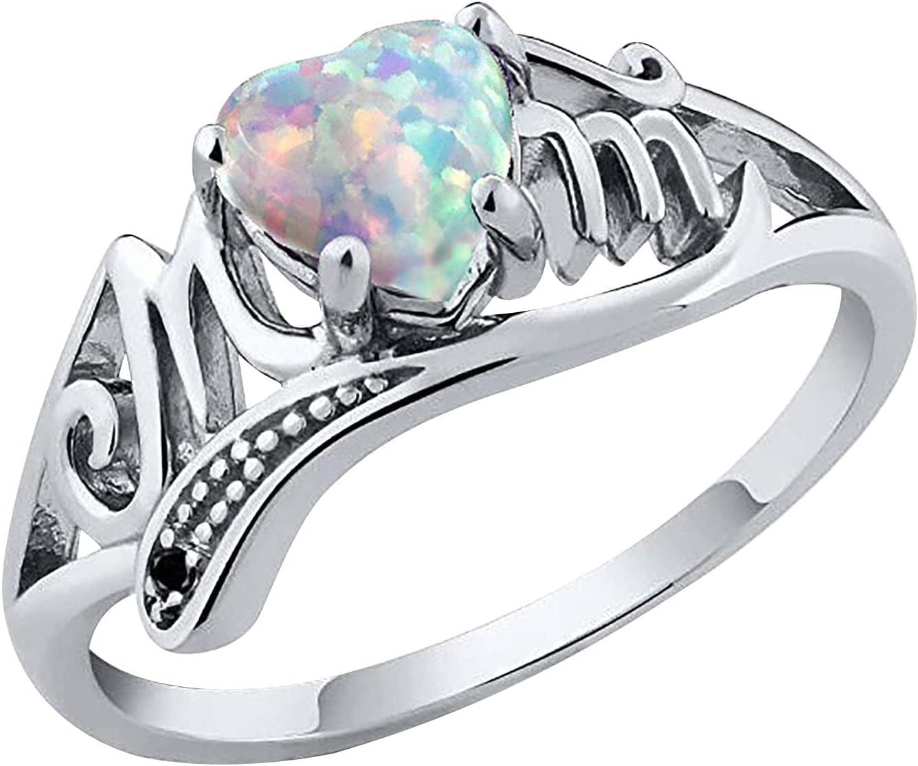 Mother Day Ring Opal Heart Letter Stainless Steel Diamond Band Statement Jewelry for Mom Grandmother, Stainless Steel,Rose Gold Stainless Steel,Rose Gold / 8
