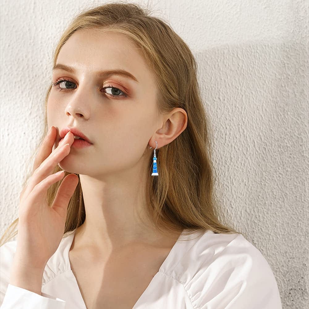 Mothers Day Gifts 925 Sterling Silver Lighthouse Y Necklace /Opal Lighthouse Dangle Earrings Lighthouse Jewelry Gifts for Women Girls Girlfriend Lover