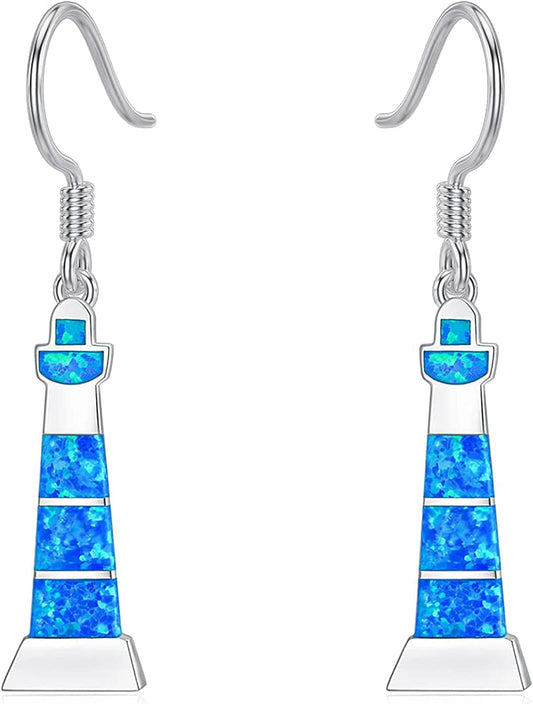 Mothers Day Gifts 925 Sterling Silver Lighthouse Y Necklace /Opal Lighthouse Dangle Earrings Lighthouse Jewelry Gifts for Women Girls Girlfriend Lover Lighthouse Earrings-1
