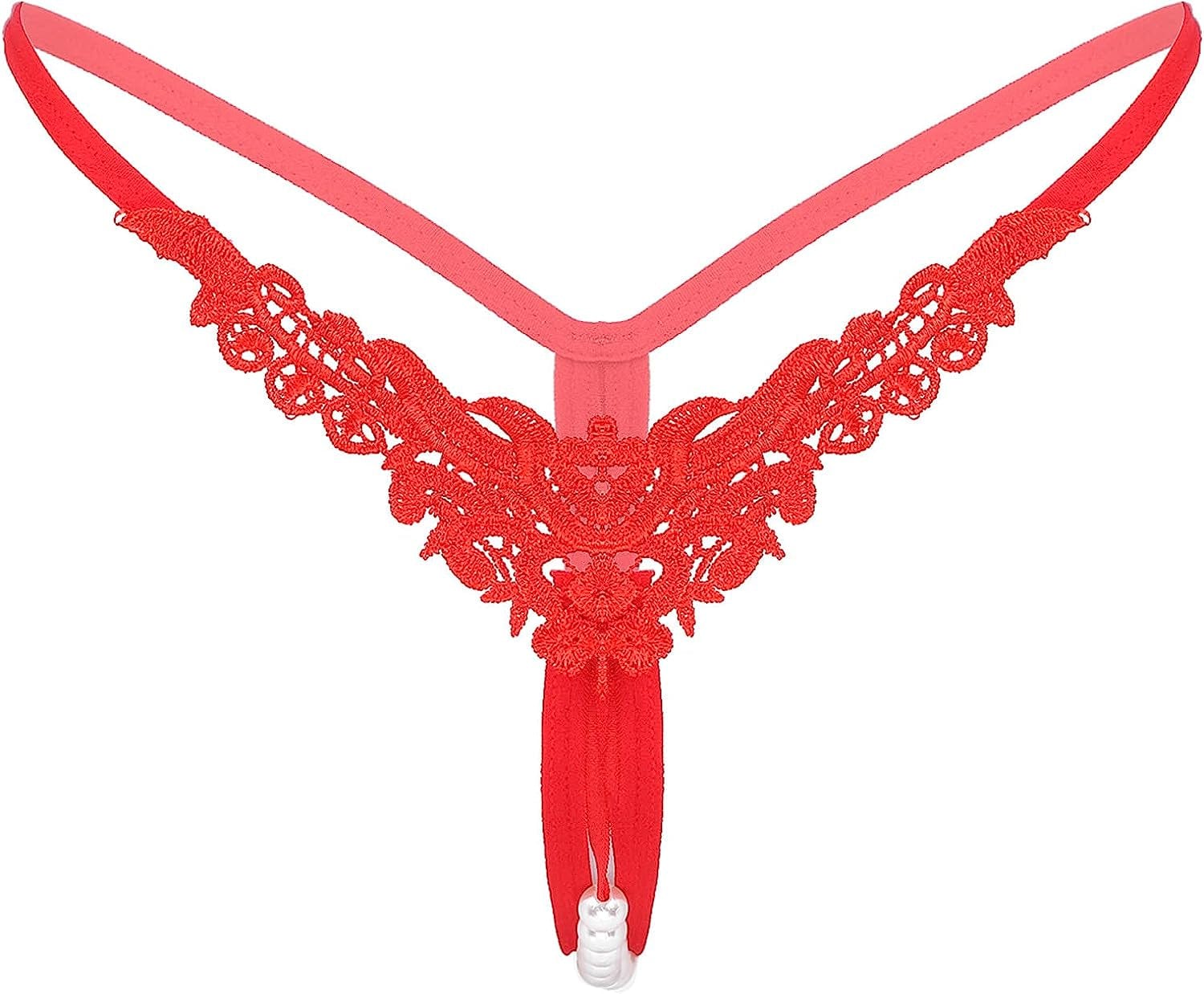 Msemis Women Lace Thongs Tanga V-String Panties Mini Bikini G-String T Back Underwear Lingerie Red Type B