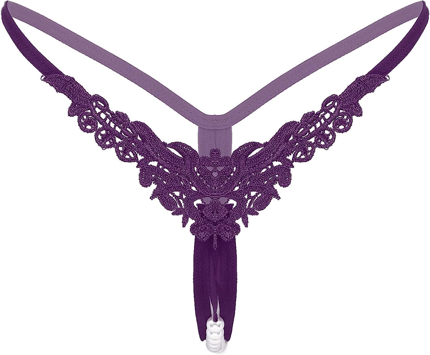 Msemis Women Lace Thongs Tanga V-String Panties Mini Bikini G-String T Back Underwear Lingerie Purple Type B