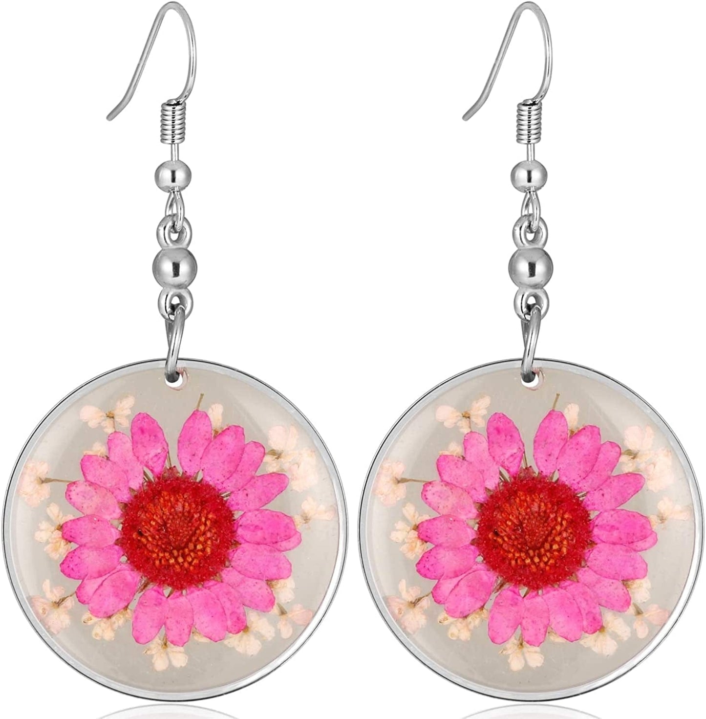 Multi-Colored Pressed Daisy & Queen Anne'S Lace Flowers 1.14" round Circle Drop Dangle Hook Earrings, 7 Colors Rose Daisy & White Queen Anne's Lace
