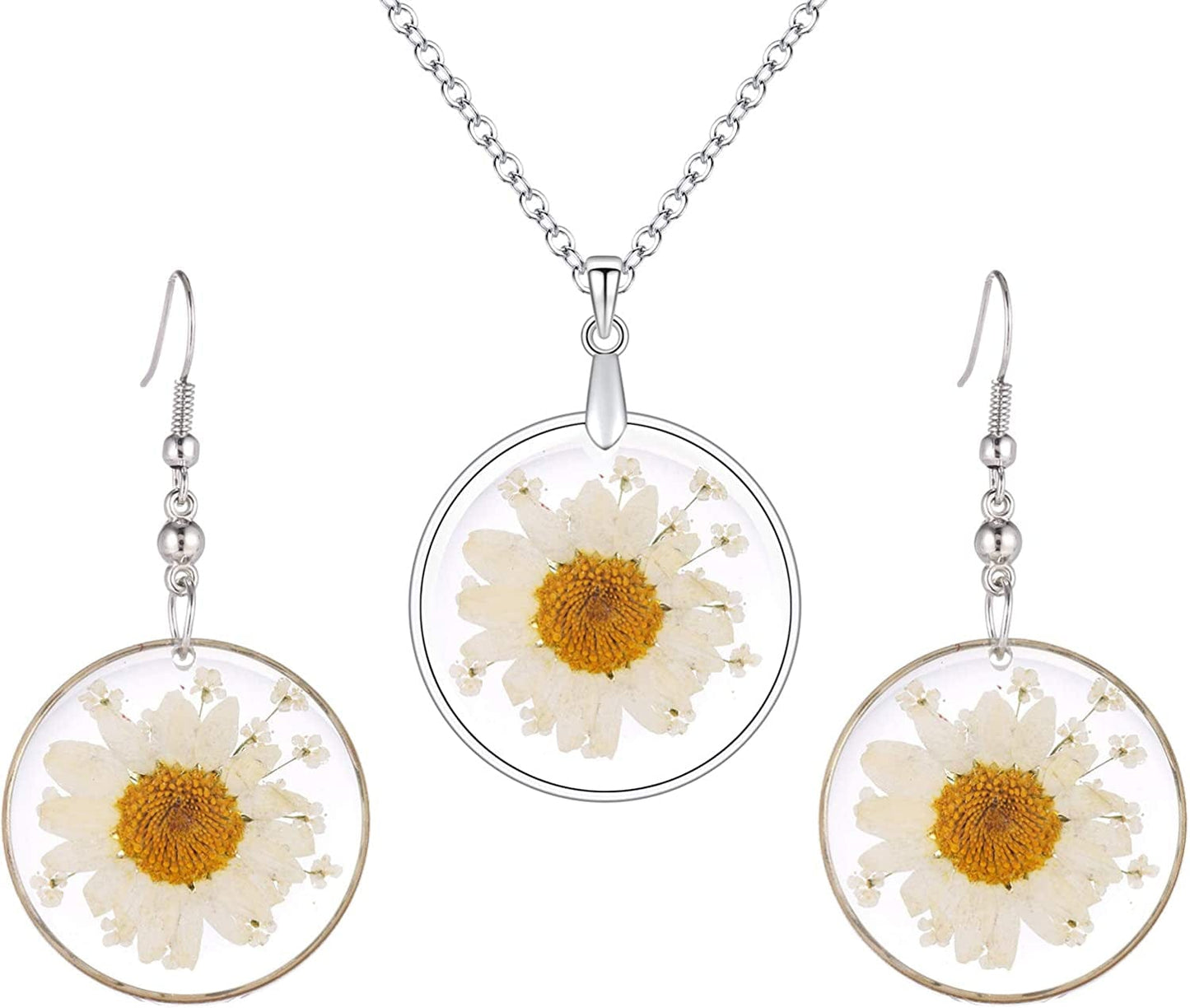 Multi-Colored Pressed Daisy & Queen Anne'S Lace Flowers 1.14" round Circle Drop Dangle Hook Earrings, 7 Colors White Daisy, Earrings & Necklace Set
