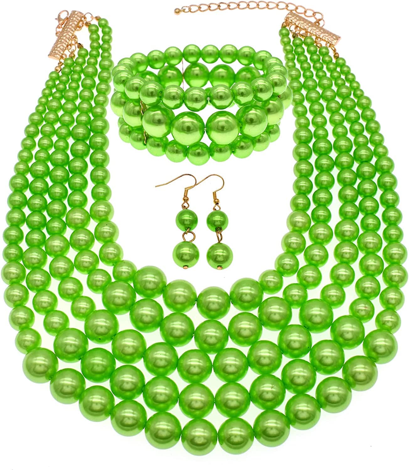 Multi Layer Pearl Strand Costume Jewelry Sets Pearl Statement Necklace Bracelet and Earrings for Women Grass Green pearl necklace set