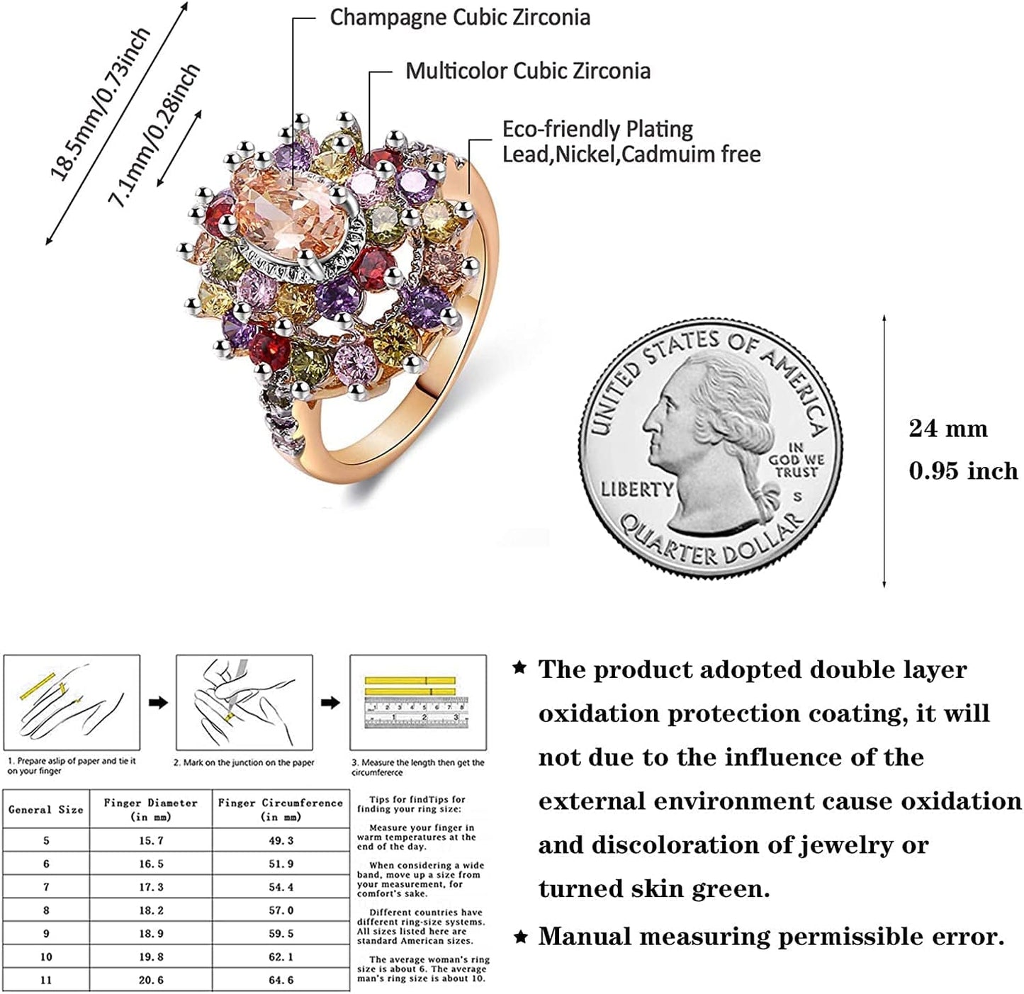 Multicolor AAA Grade Cubic Zirconia Rhodium Rose Gold Plated Multi-Stone Ring for Women Girl Party Club Fashion Jewelry Size 5 6 7 8 9 10