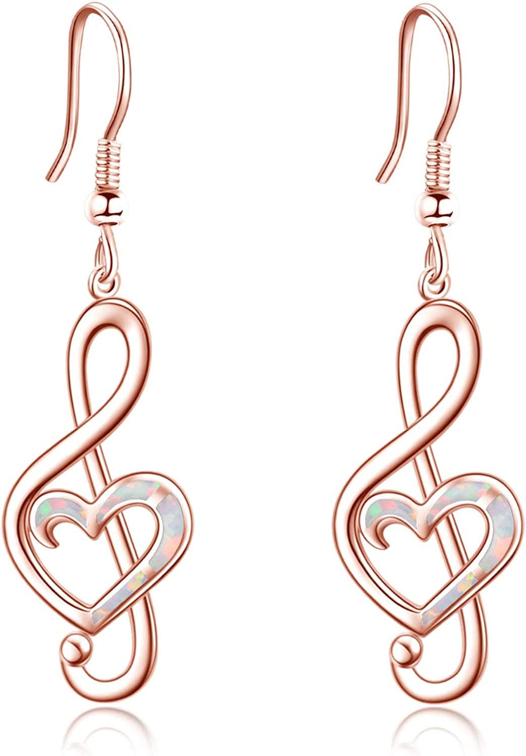 Music Note Earrings Sterling Silver Created Opal Musical Jewelry for Music Lovers Music Gifts for Women Teacher Dancer Her B-Rose Gold White opal treble music note