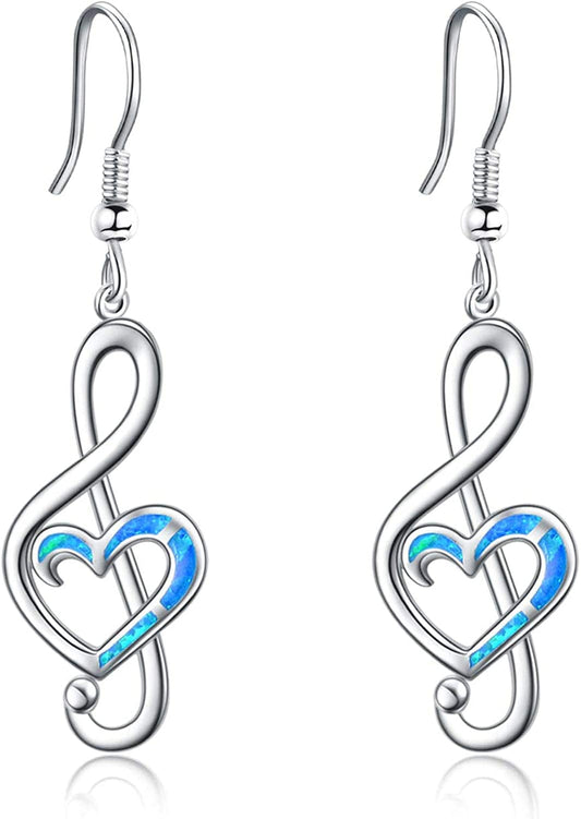 Music Note Earrings Sterling Silver Created Opal Musical Jewelry for Music Lovers Music Gifts for Women Teacher Dancer Her B-Blue opal treble music note
