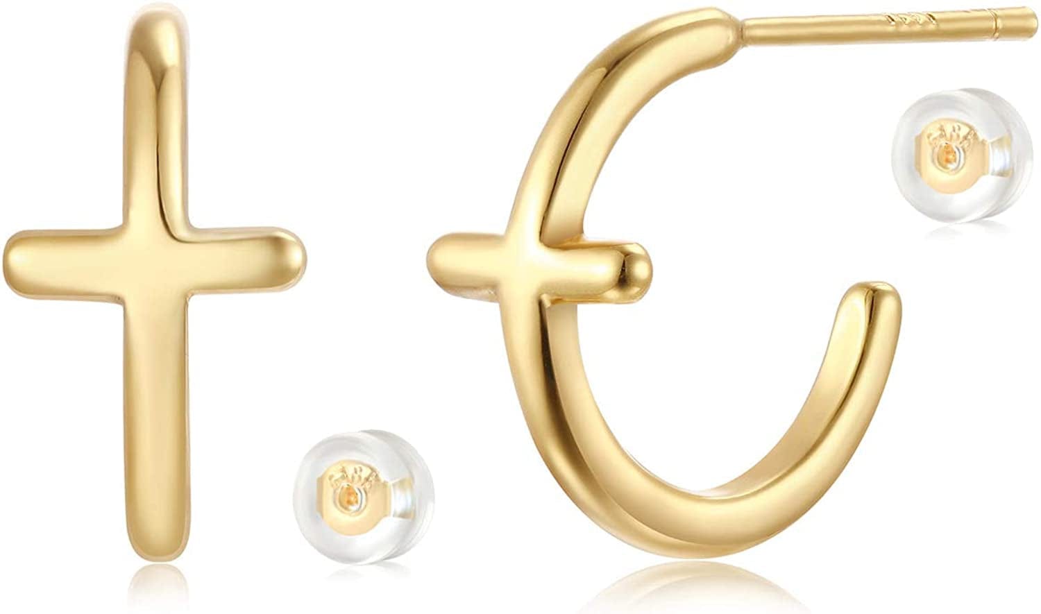 MYEARS Women Earrings Gold Open Hoop C Shape 14K Gold Filled Small Boho Beach Simple Delicate Handmade Hypoallergenic Illusion Jewelry Gift Sleeper Cross