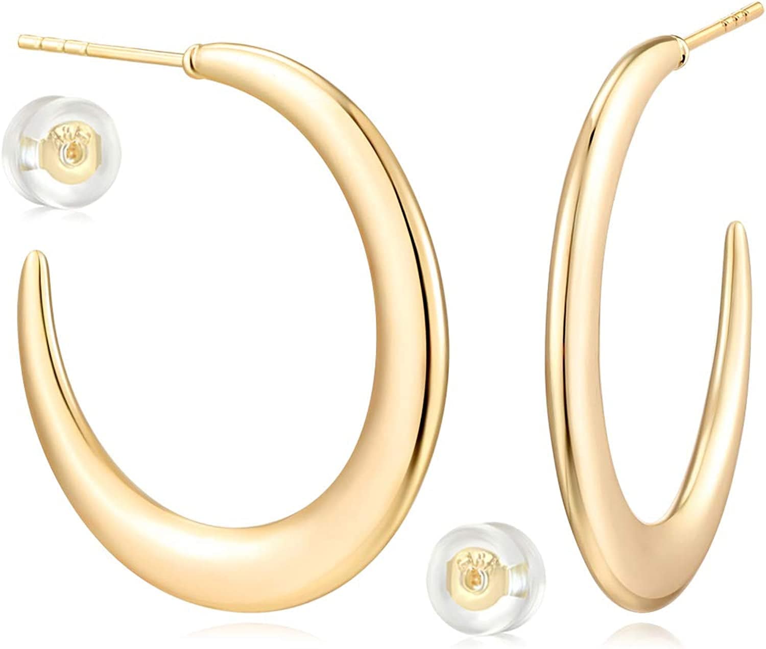 MYEARS Women Earrings Gold Open Hoop C Shape 14K Gold Filled Small Boho Beach Simple Delicate Handmade Hypoallergenic Illusion Jewelry Gift Flat