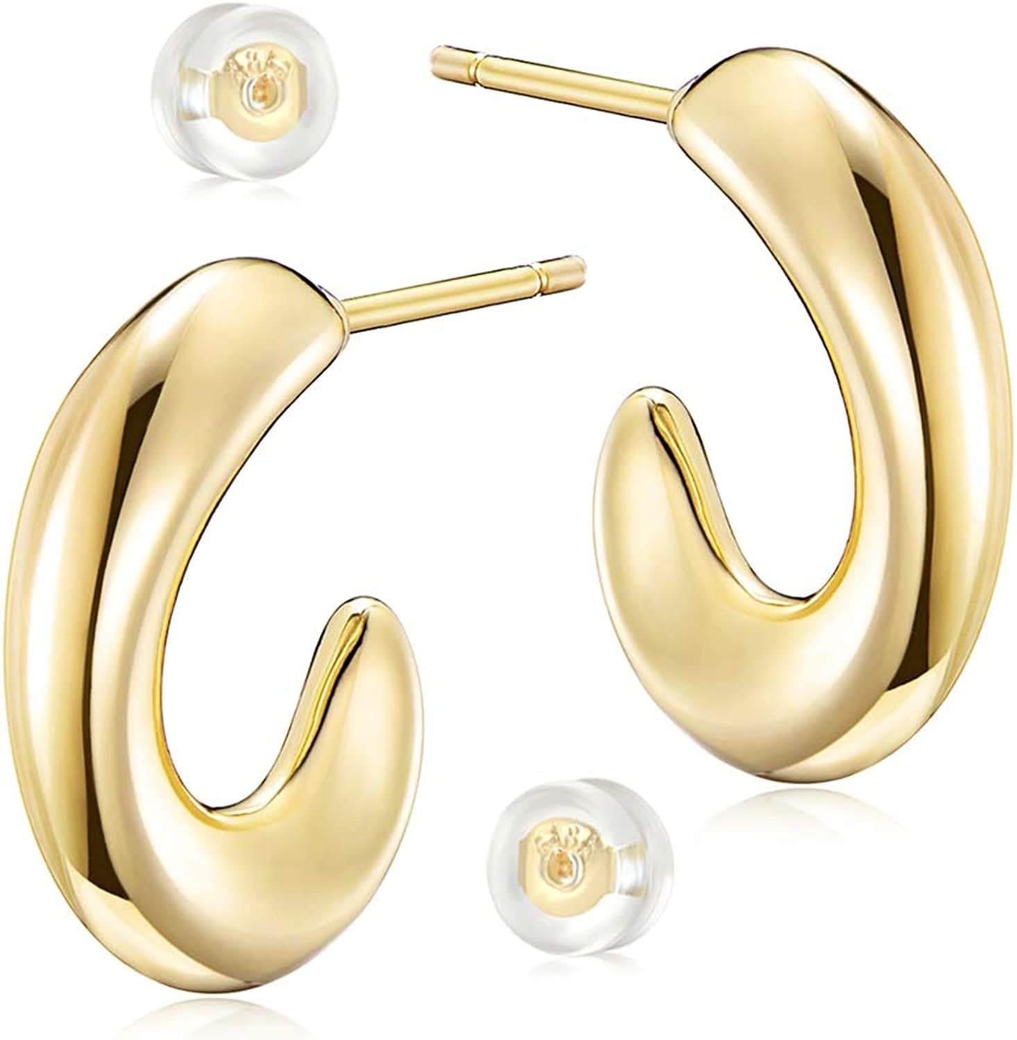 MYEARS Women Earrings Gold Open Hoop C Shape 14K Gold Filled Small Boho Beach Simple Delicate Handmade Hypoallergenic Illusion Jewelry Gift Chunky A