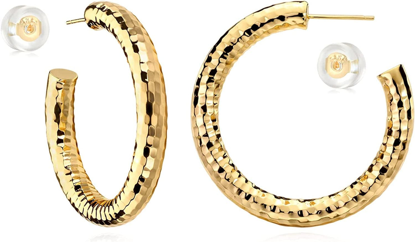 MYEARS Women Earrings Gold Open Hoop C Shape 14K Gold Filled Small Boho Beach Simple Delicate Handmade Hypoallergenic Illusion Jewelry Gift Hammered