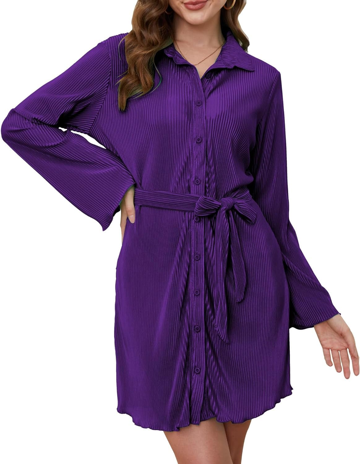 MYONE Womens Shirt Dress V Neck Button down Pleated Long Sleeve Casual Trendy Mini Dress with Belt Purple / Small