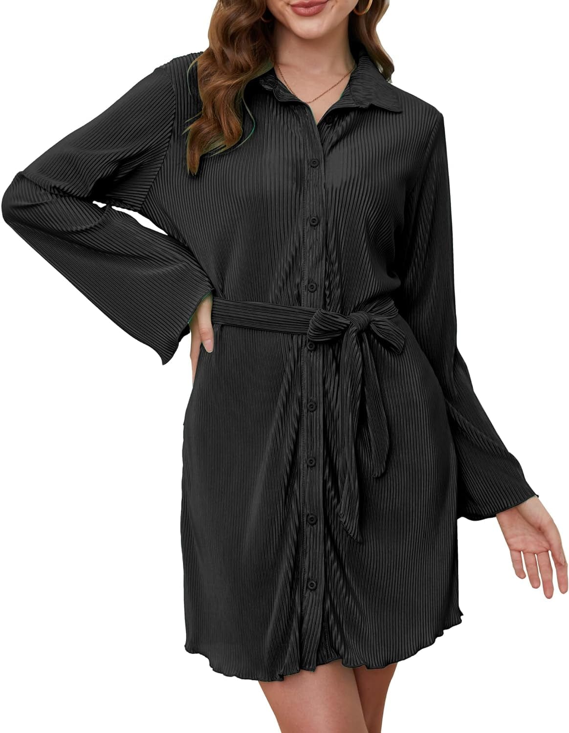 MYONE Womens Shirt Dress V Neck Button down Pleated Long Sleeve Casual Trendy Mini Dress with Belt Black / Large