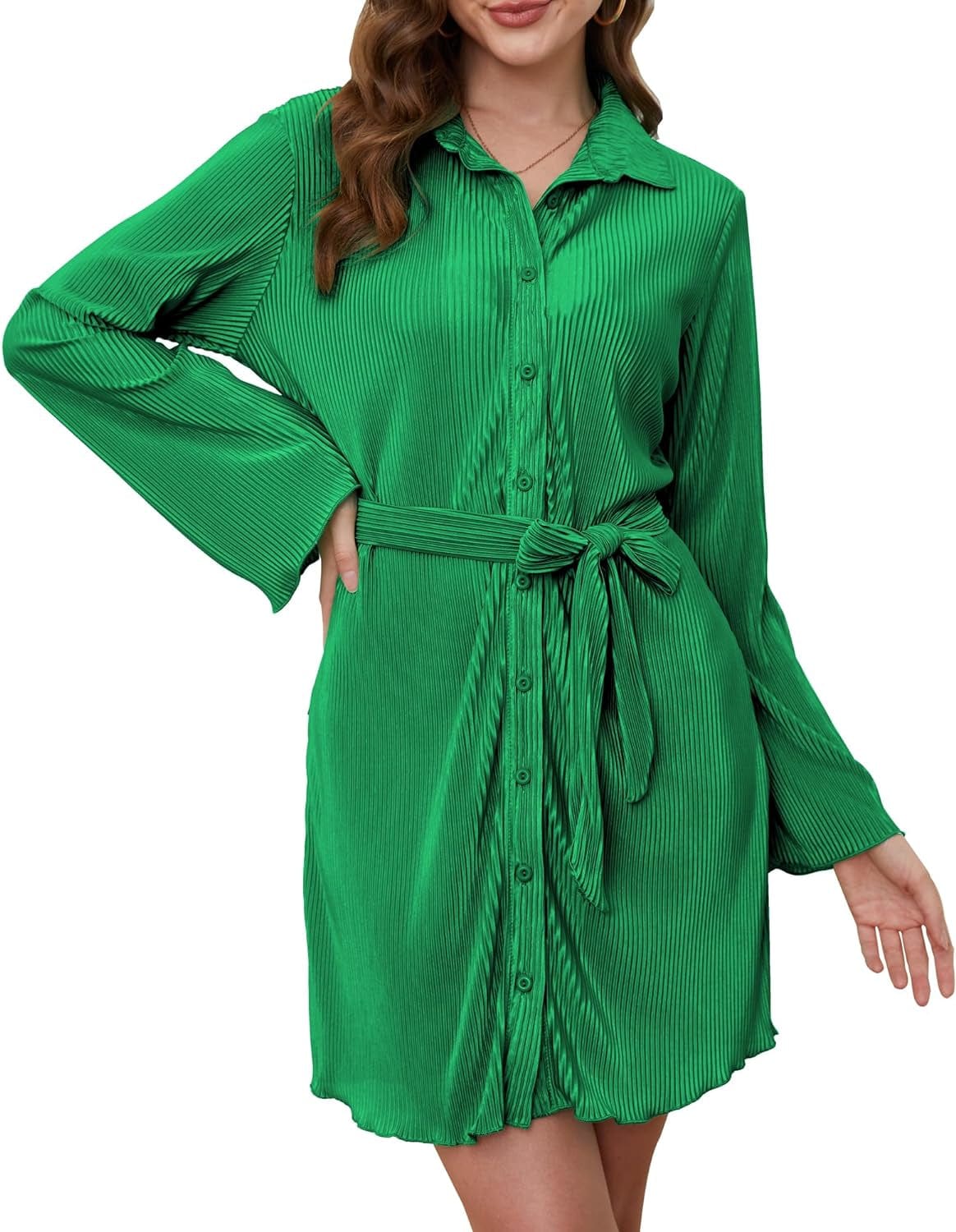 MYONE Womens Shirt Dress V Neck Button down Pleated Long Sleeve Casual Trendy Mini Dress with Belt Green / Medium