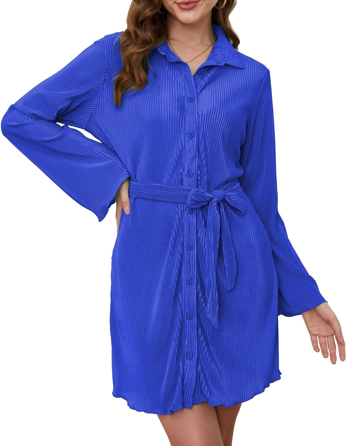 MYONE Womens Shirt Dress V Neck Button down Pleated Long Sleeve Casual Trendy Mini Dress with Belt Blue / Small